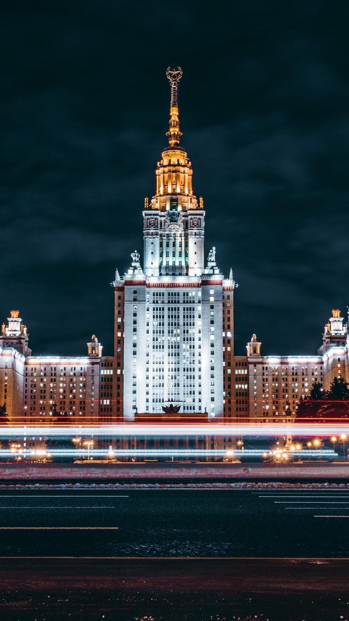 Обои Московский государственный университет, ориентир, ночь, город, городской район в разрешении 720x1280