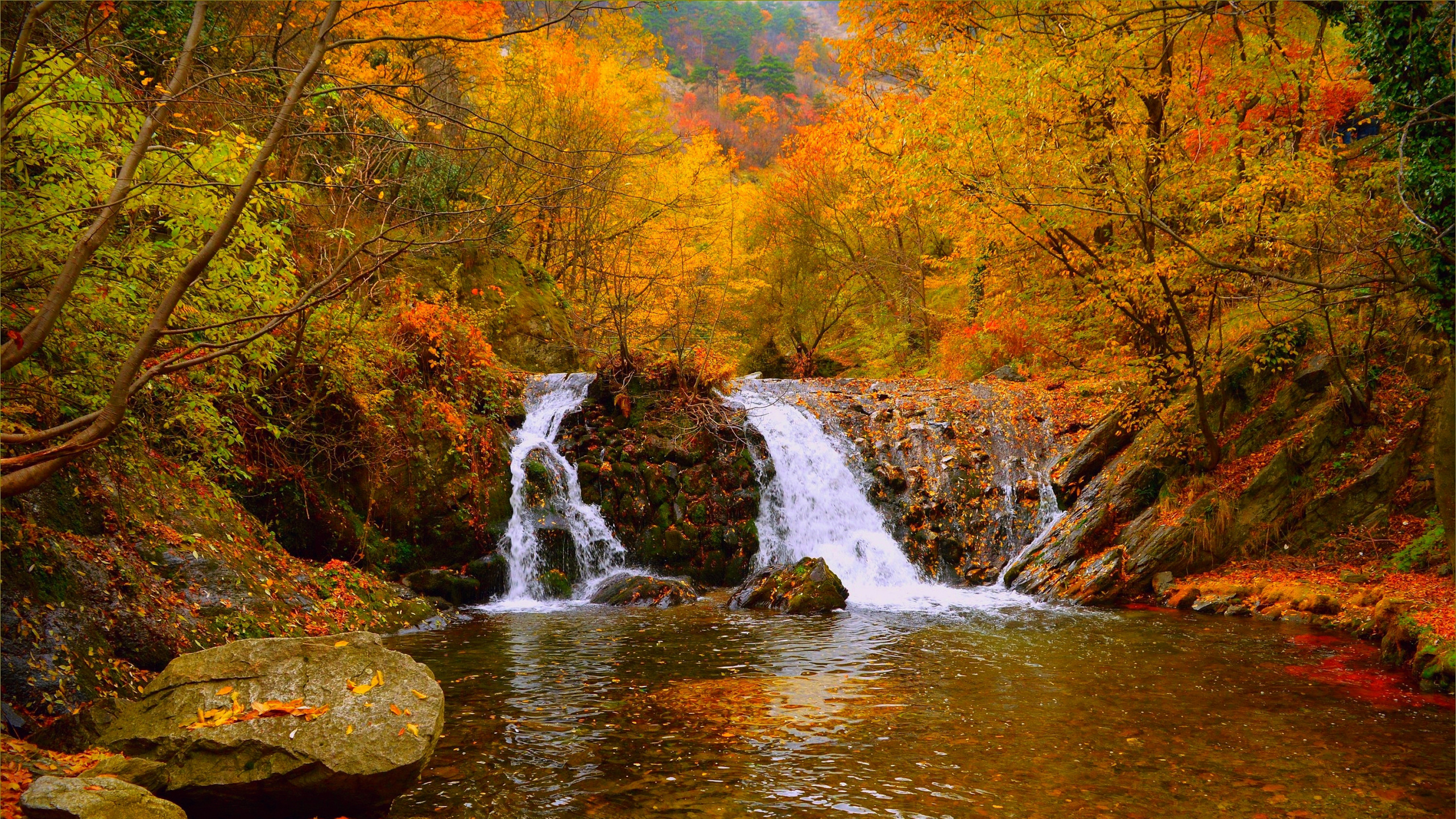 Обои осень, водоем, природа, водопад, поток в разрешении 2560x1440