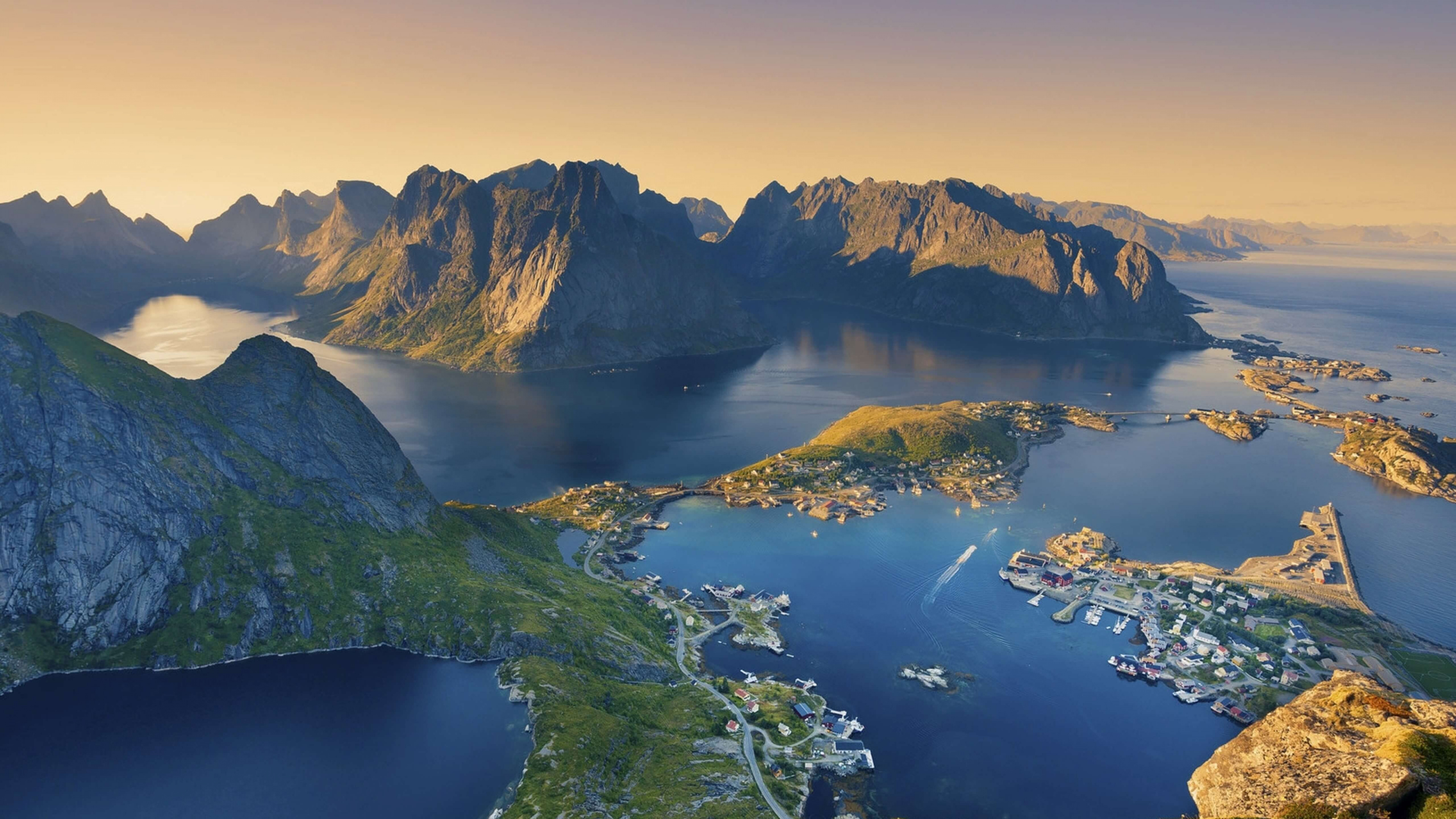 Обои Лофотен, гора, природа, фьорд, озеро в разрешении 3840x2160