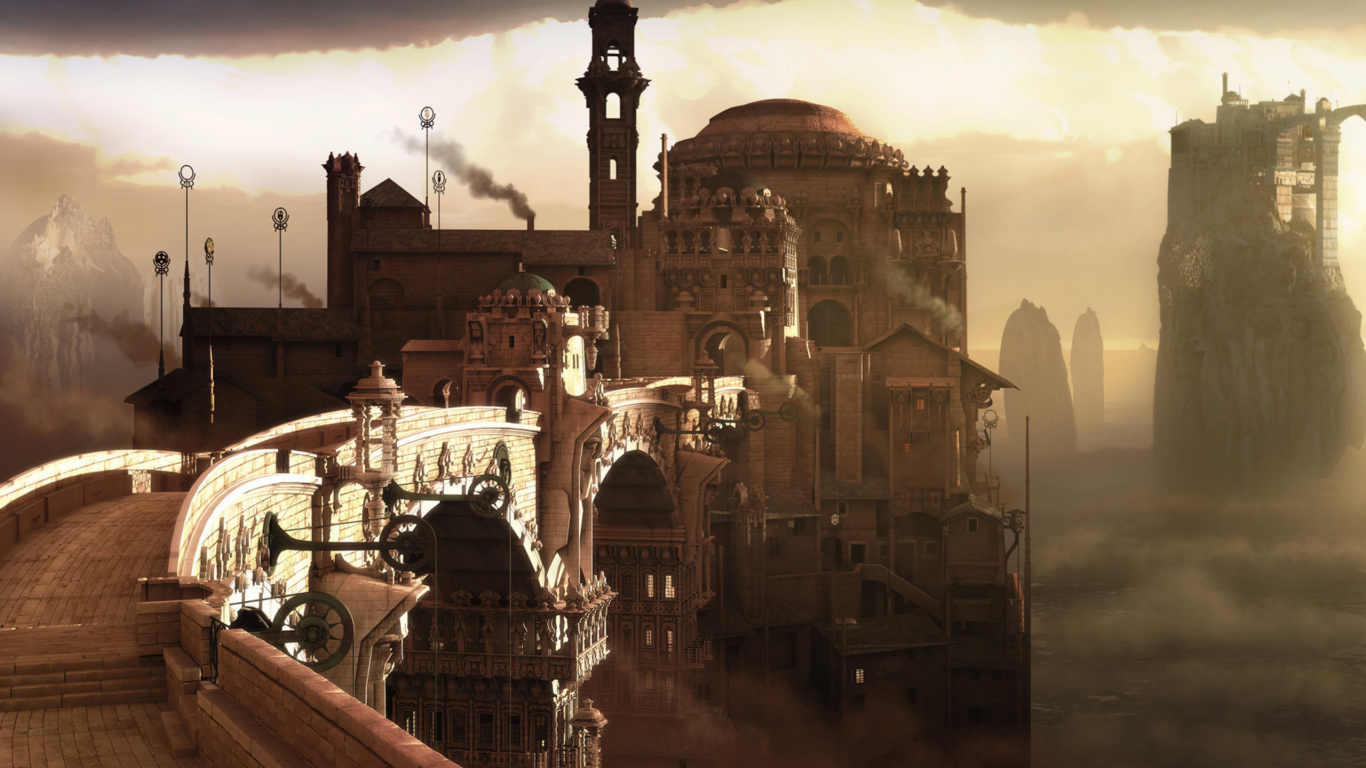 Обои стимпанк, компьютерная игра, здание, Научная фантастика, фэнтези в разрешении 1366x768
