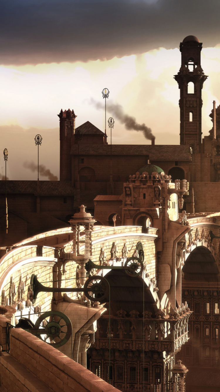Обои стимпанк, компьютерная игра, здание, Научная фантастика, фэнтези в разрешении 750x1334