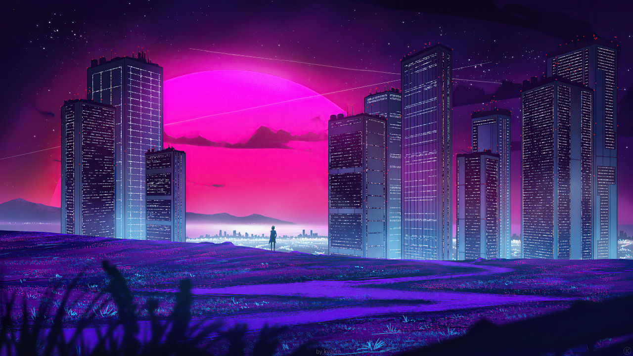 Обои метрополия, Synthwave, цифровое искусство, арт, рисование в разрешении 1280x720