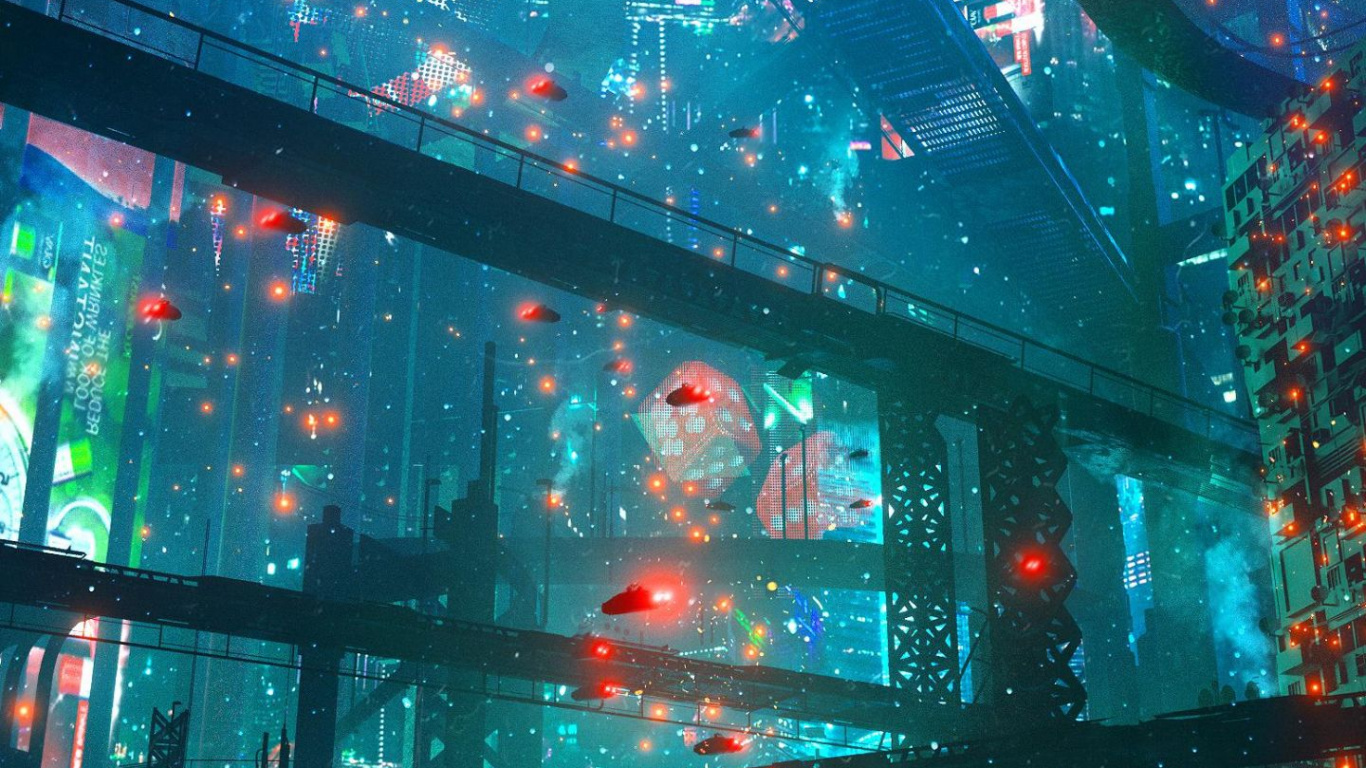 Обои киберпанк арт дангюз, арт, цифровое искусство, Киберпанк, аниме арт в разрешении 1366x768