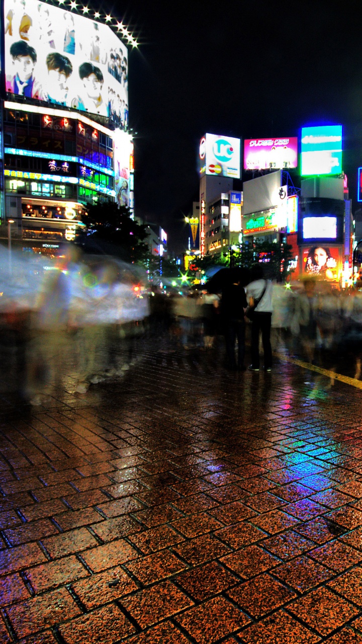 Обои Шибуйя, ночь, городской район, метрополия, отражение в разрешении 720x1280