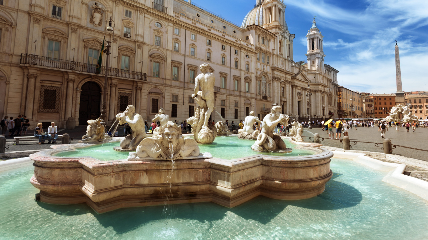 Обои фонтан Треви, пантеон, ориентир, городская площадь, рыночная площадь в разрешении 1366x768