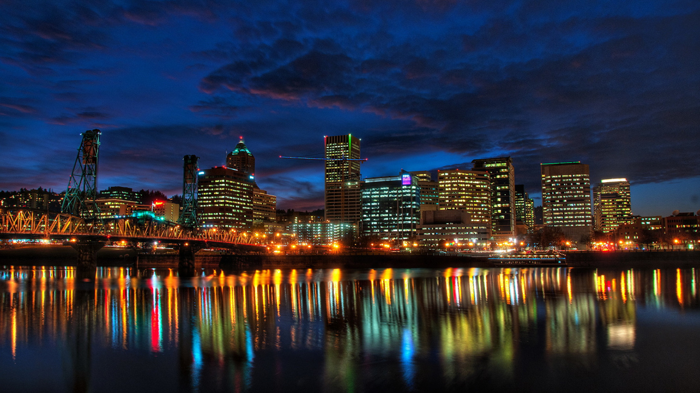 Обои Портленд, городской пейзаж, город, ночь, отражение в разрешении 1366x768