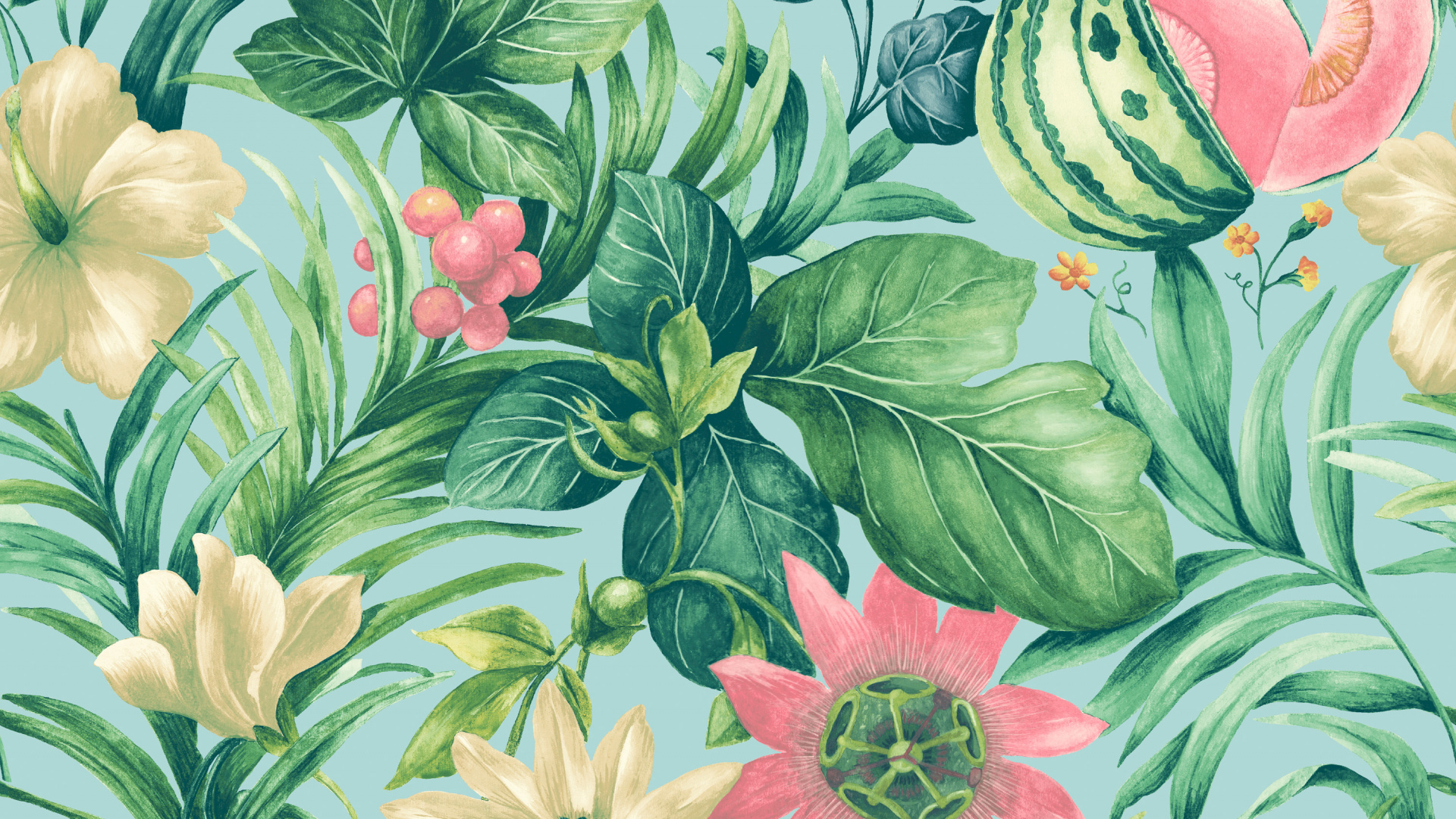 Обои цветок, цветочный дизайн, растение, лист, акварельные краски в разрешении 1920x1080