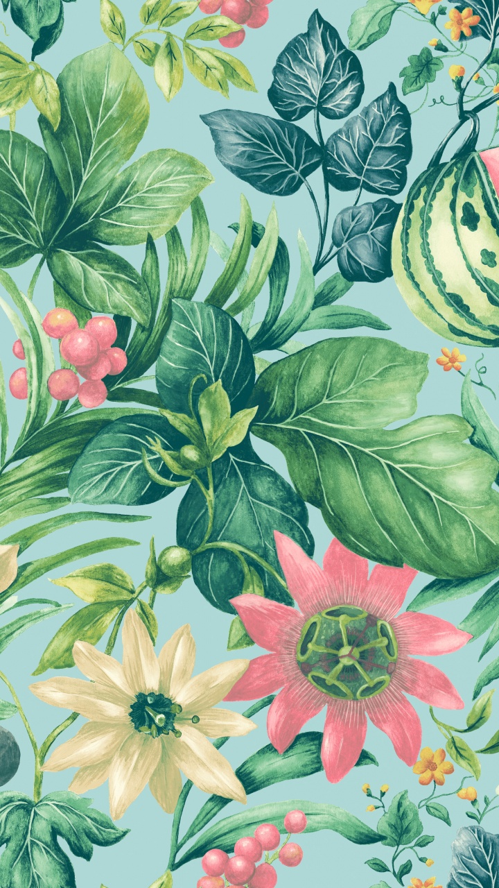 Обои цветок, цветочный дизайн, растение, лист, акварельные краски в разрешении 720x1280