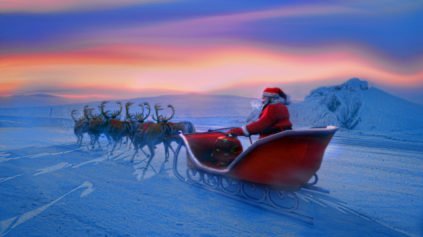 Обои Санта-Клаус, Рождественский день, Арктика, сани, тундра в разрешении 1366x768