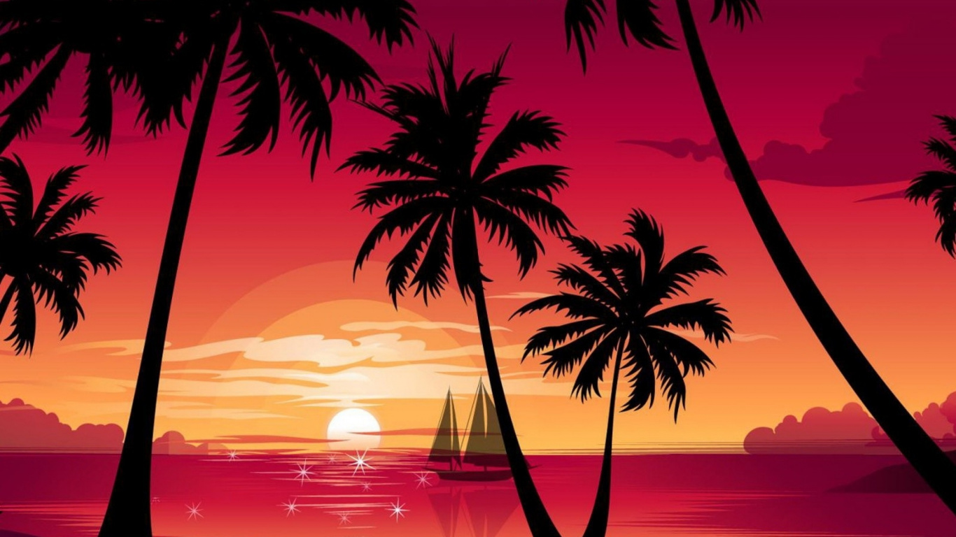 Обои пальмовые рощи, закат, пляж, дерево, Пальма в разрешении 1366x768