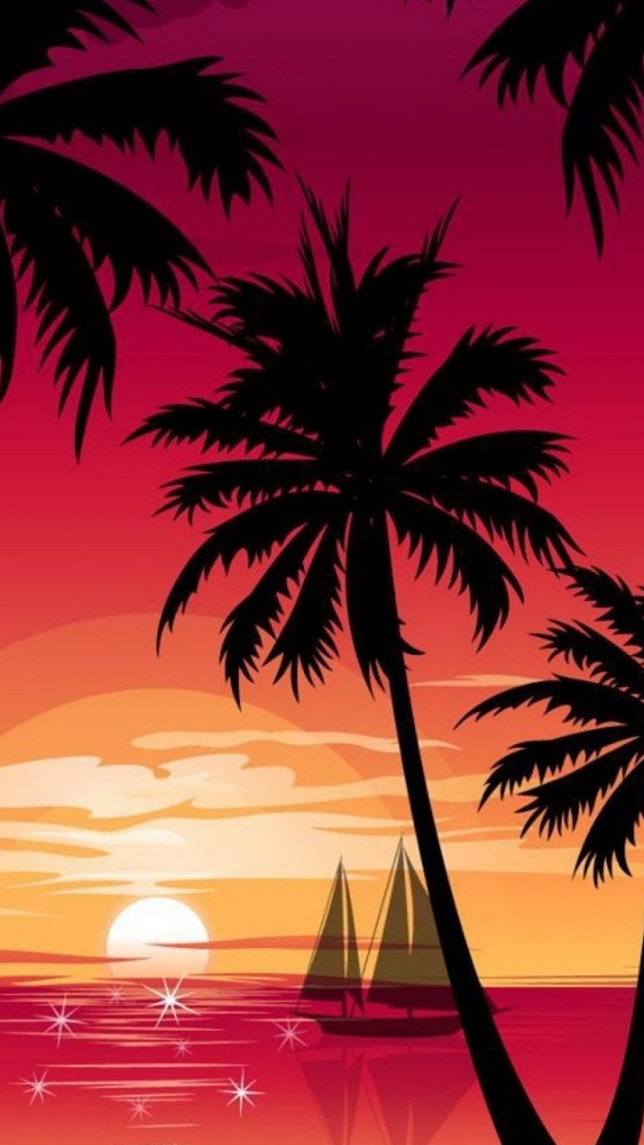 Обои пальмовые рощи, закат, пляж, дерево, Пальма в разрешении 720x1280