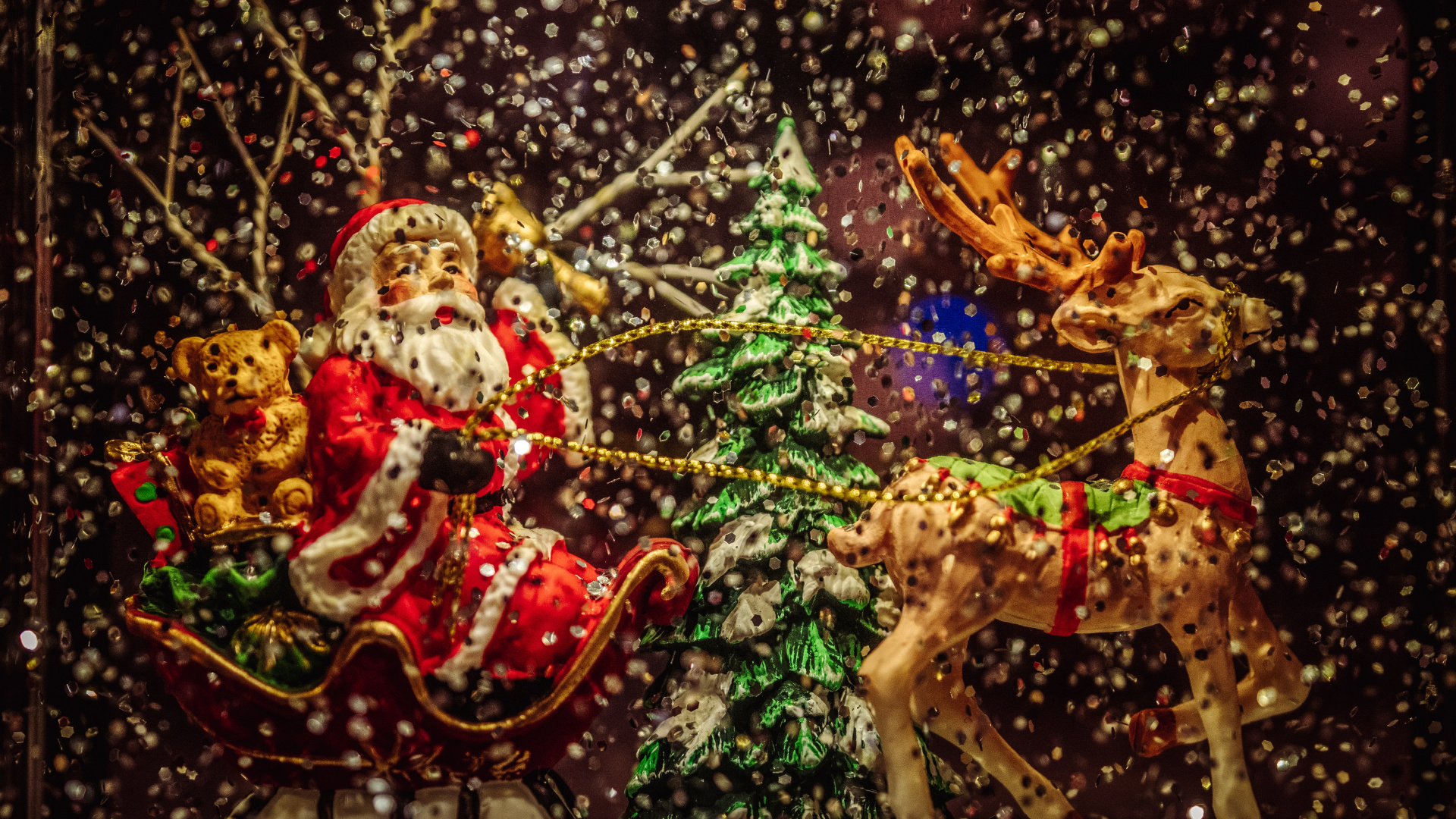 Обои Рождественский день, Санта-Клаус, Рождественские огни, Рождество, дерево в разрешении 1920x1080