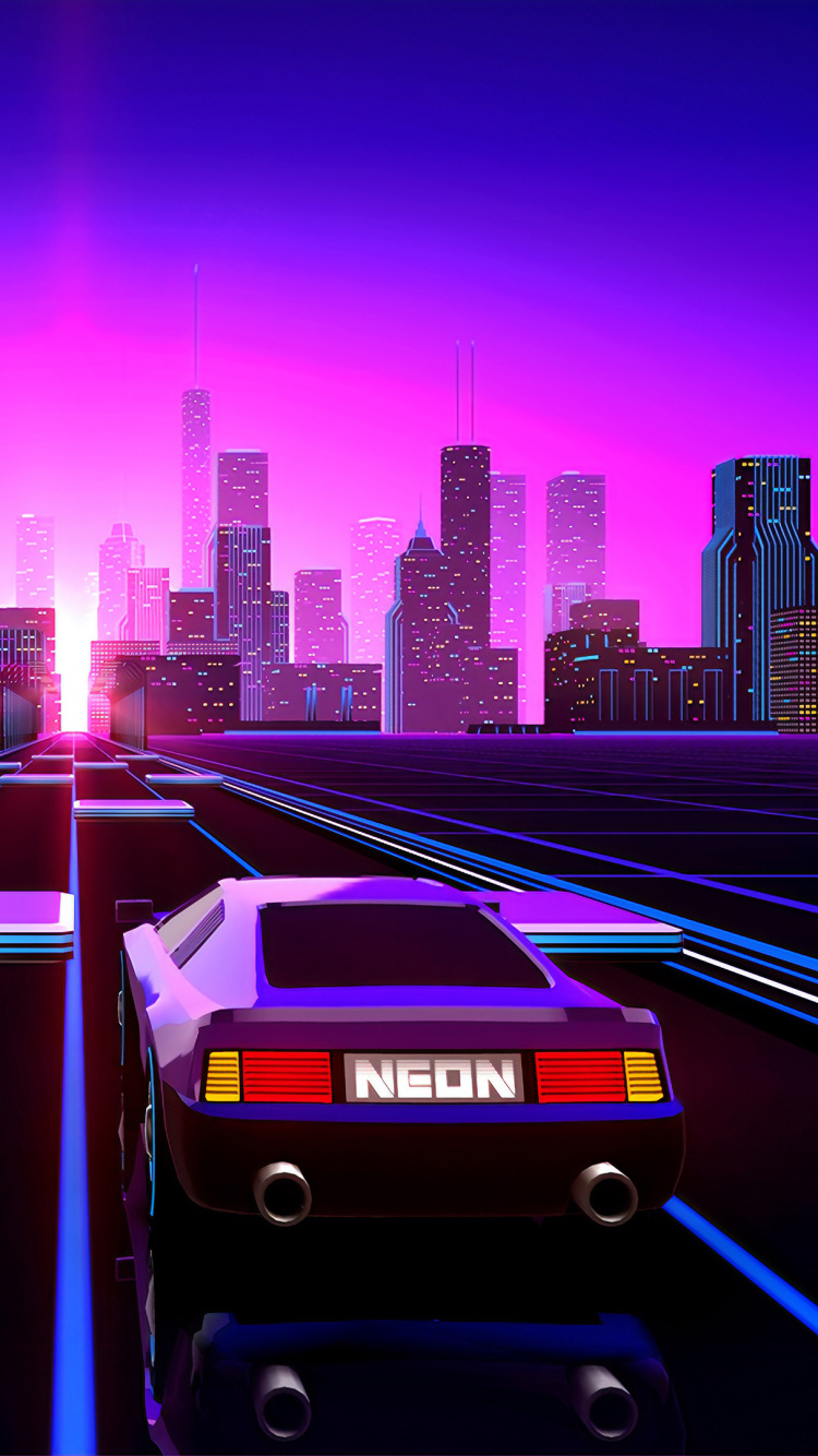 Обои Synthwave, стиль ретро, 1980-е годы, городской пейзаж, пурпур в разрешении 750x1334