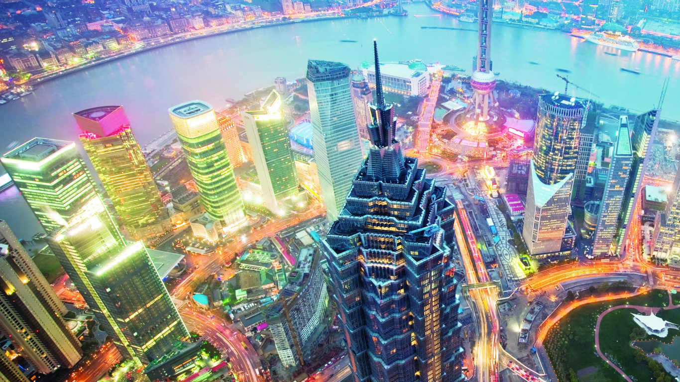 Обои Башня Цзинь Мао, метрополия, городской пейзаж, город, городской район в разрешении 1366x768