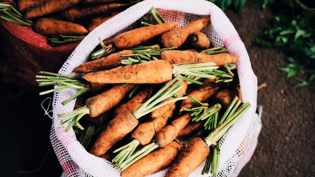 Обои продукция, морковь, пища, овощ, блюда в разрешении 1280x720