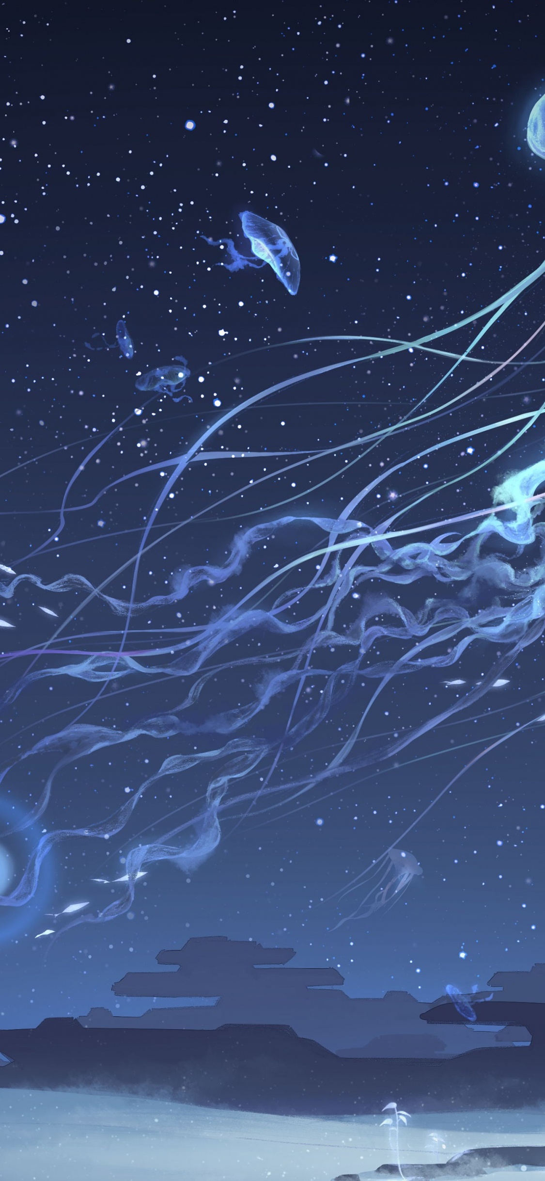 Обои мальчик в стране медуз, Медуза, вода, синий, свет в разрешении 1125x2436