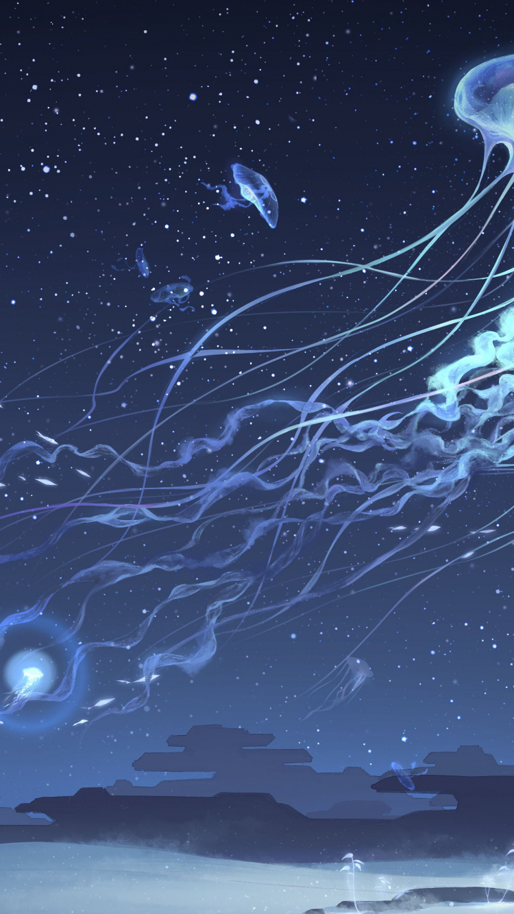 Обои мальчик в стране медуз, Медуза, вода, синий, свет в разрешении 750x1334