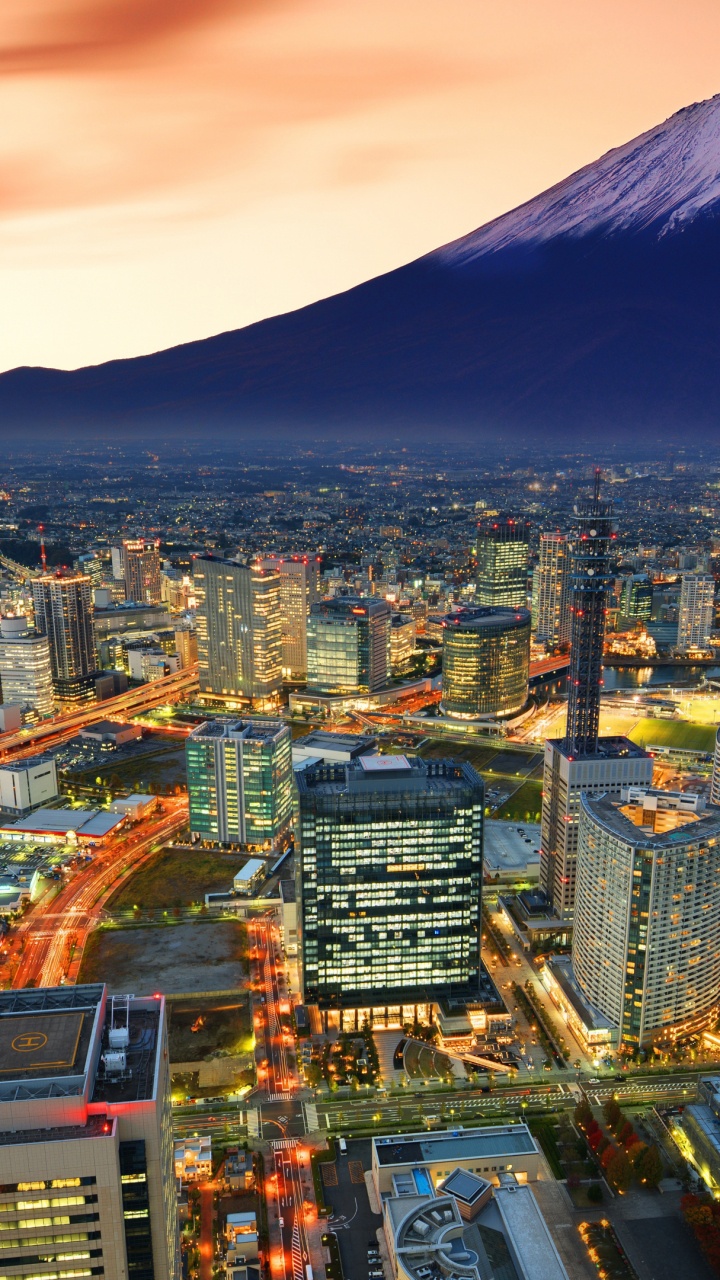 Обои гора Фудзи Йокогама, гора Фудзи, Башня Иокогама, гора Танзава, облако в разрешении 720x1280