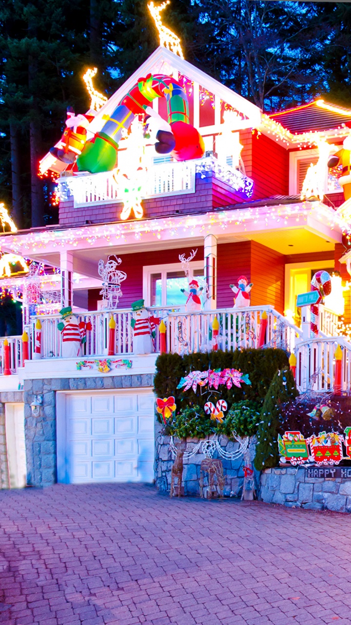 Обои Рождественский день, Рождественские огни, Рождественские украшения, Рождество, Хаус в разрешении 720x1280