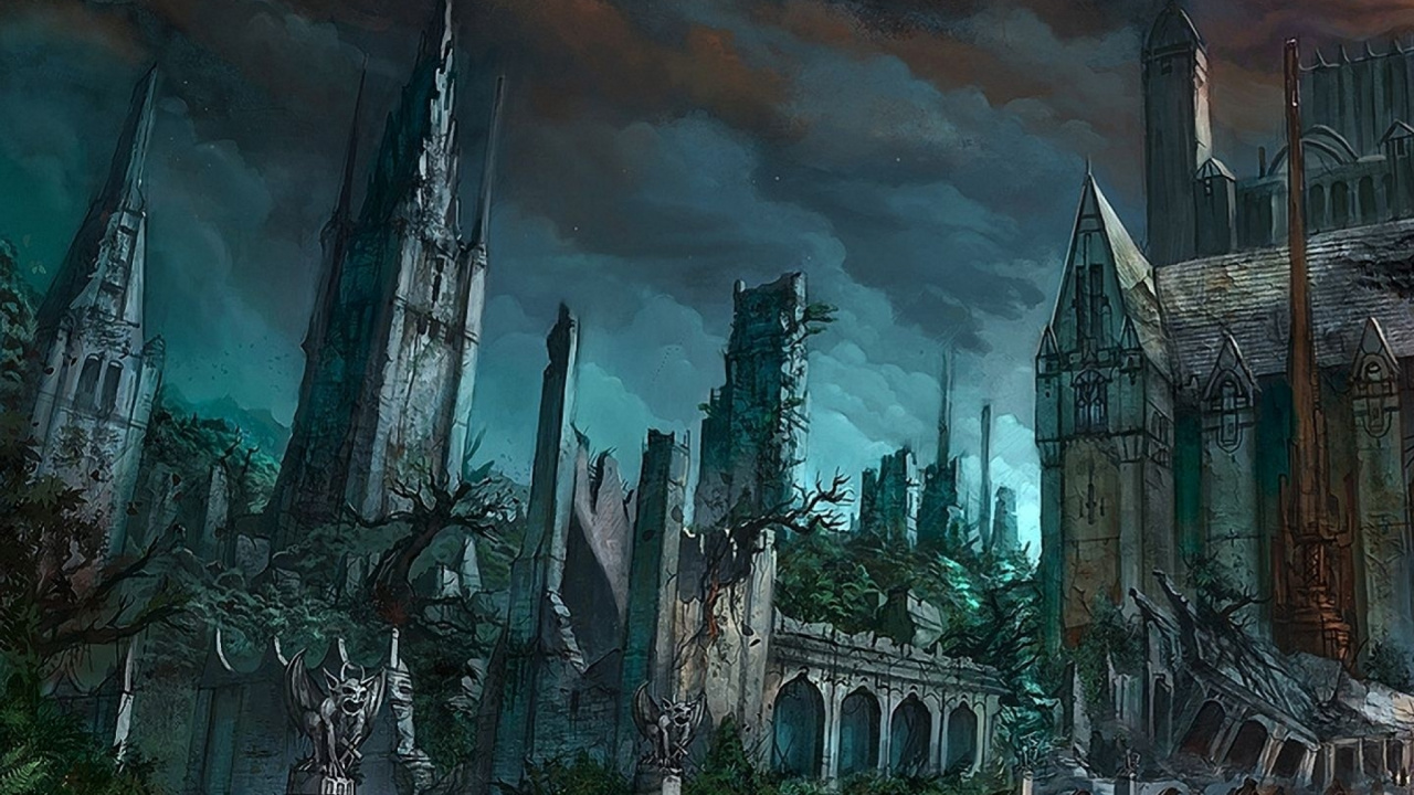 Обои темные фантазии, экологическое искусство, развалины, руины, вампир в разрешении 1280x720