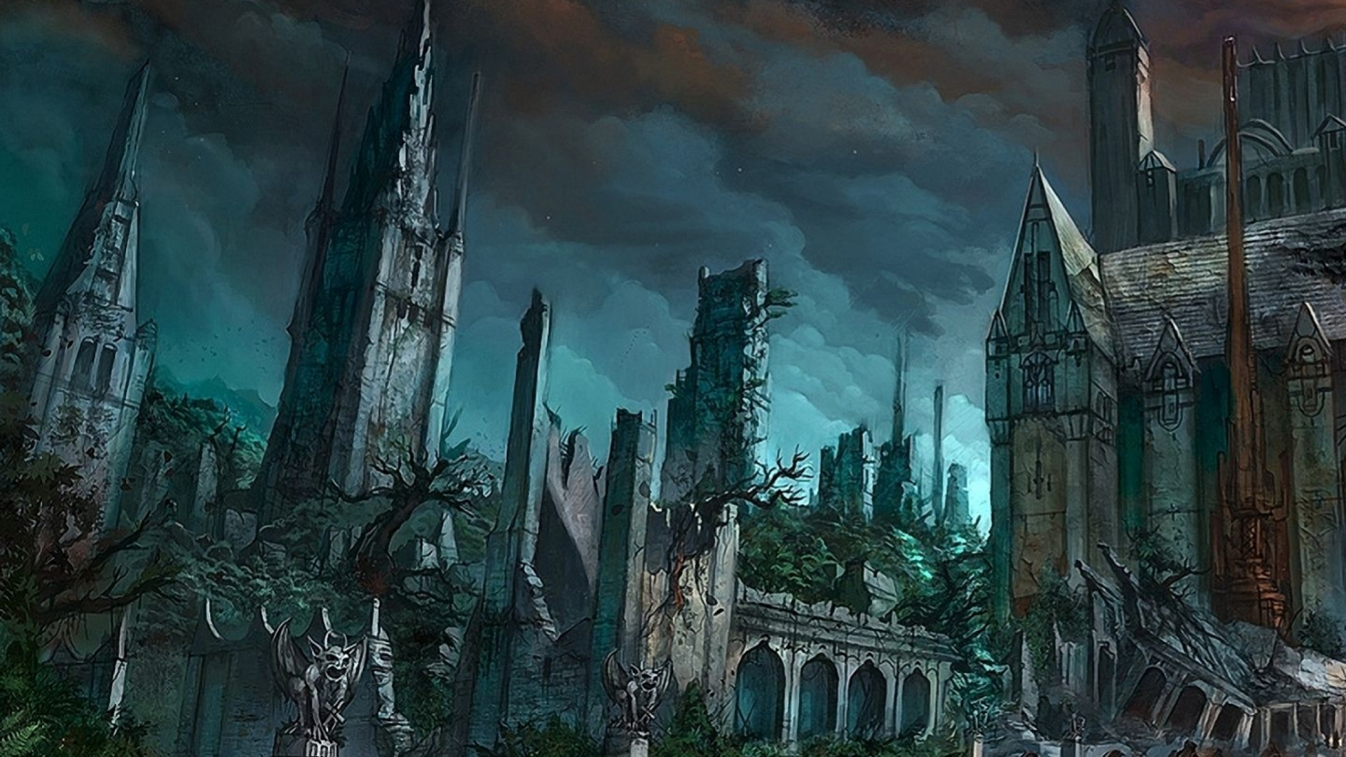 Обои темные фантазии, экологическое искусство, развалины, руины, вампир в разрешении 1920x1080