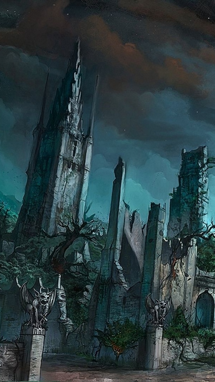 Обои темные фантазии, экологическое искусство, развалины, руины, вампир в разрешении 720x1280