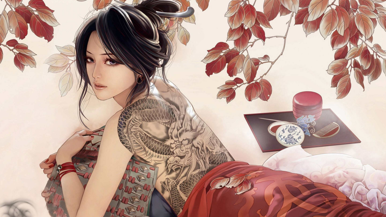 Обои гейша, арт, живопись, японское искусство, волосы в разрешении 1280x720