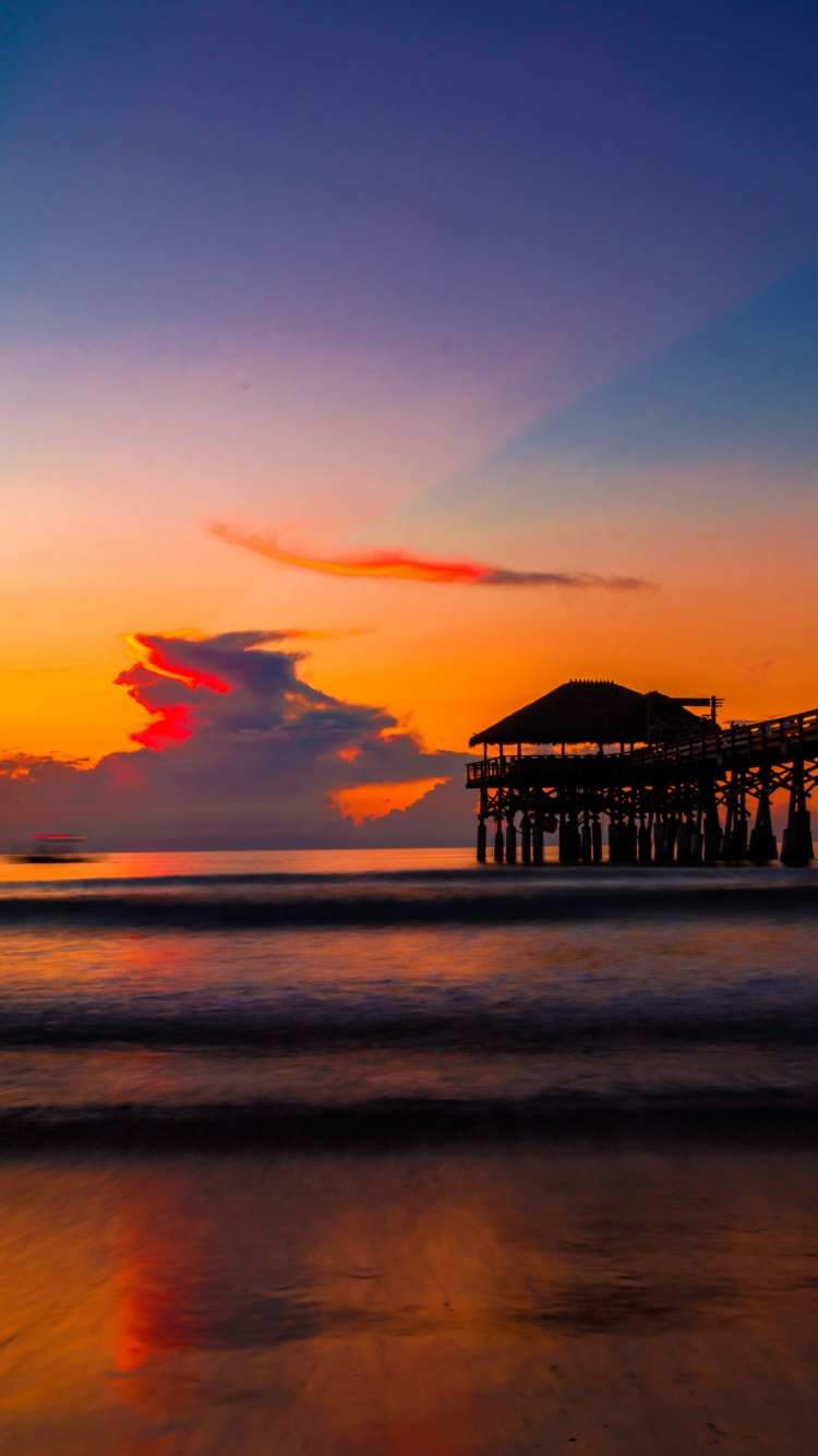 Обои пирс вестгейт какао-бич, пляж, закат, море, Пирс в разрешении 750x1334