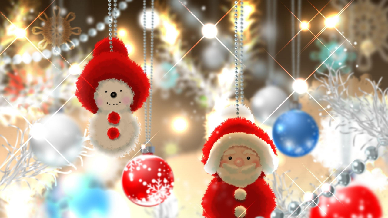Обои Рождественский день, Санта-Клаус, Рождественские украшения, рождественский орнамент, Снеговик в разрешении 1280x720