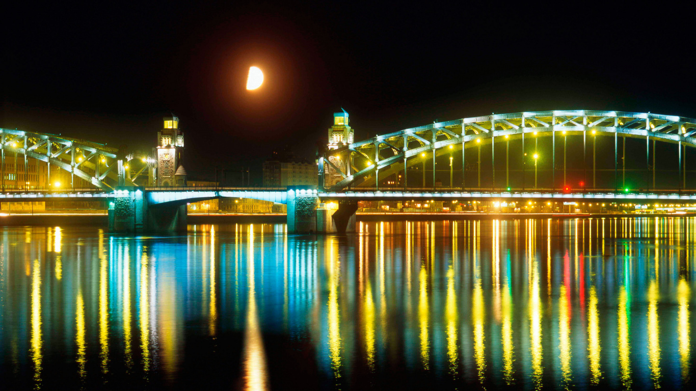Обои Санкт Петербург, городской пейзаж, ночь, отражение, вода в разрешении 1366x768