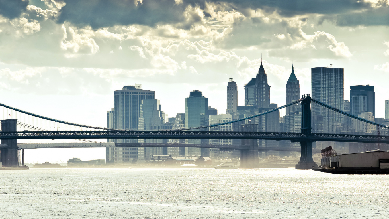 Обои городской пейзаж, город, мост, линия горизонта, дневное время в разрешении 1366x768