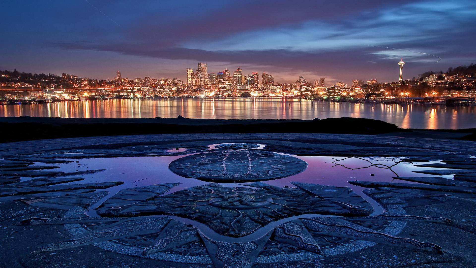 Обои Сиэтл, вода, городской пейзаж, гидроресурсы, ночь в разрешении 1920x1080