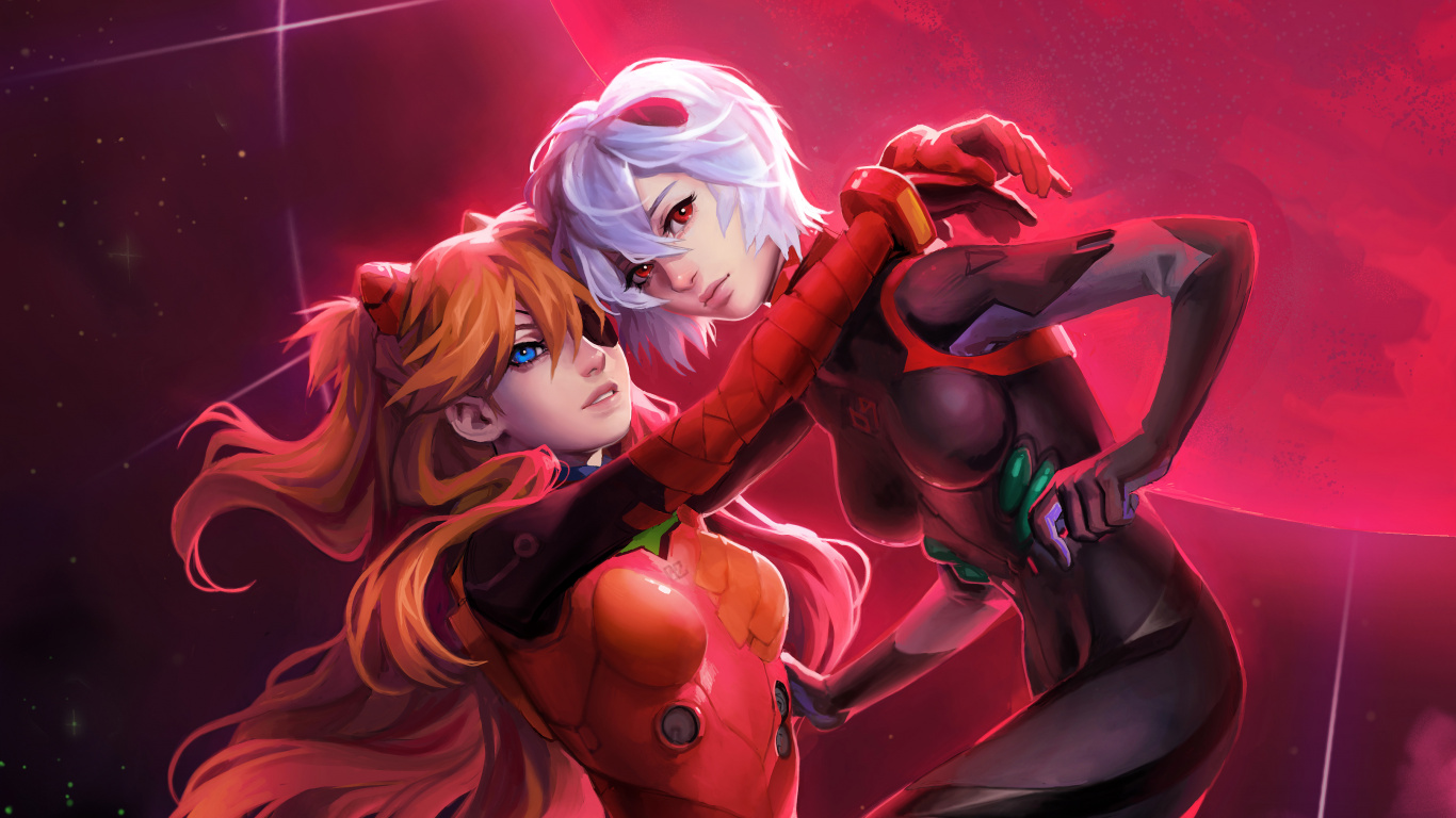 Обои Рэй аянами, аска Лэнгли сорю, арт, мультфильм, аниме в разрешении 1366x768