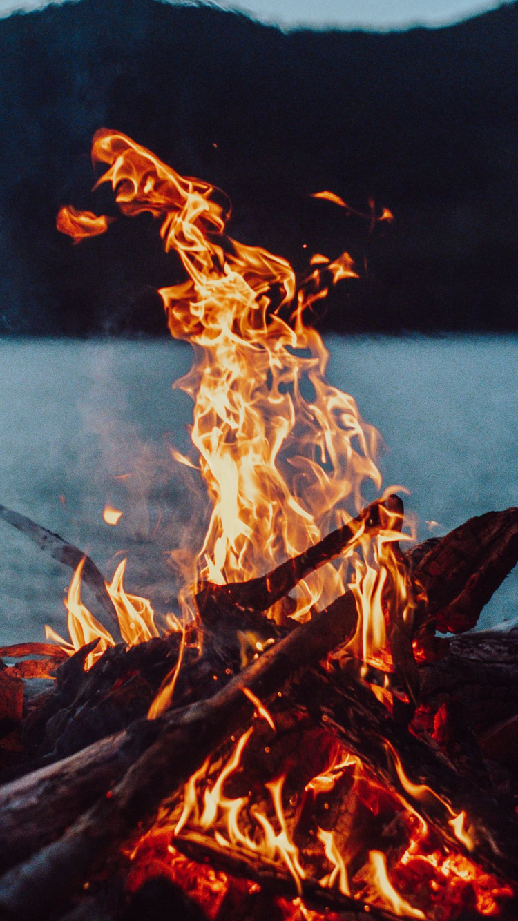 Обои огонь, пламя, таблица, свет, костер в разрешении 750x1334