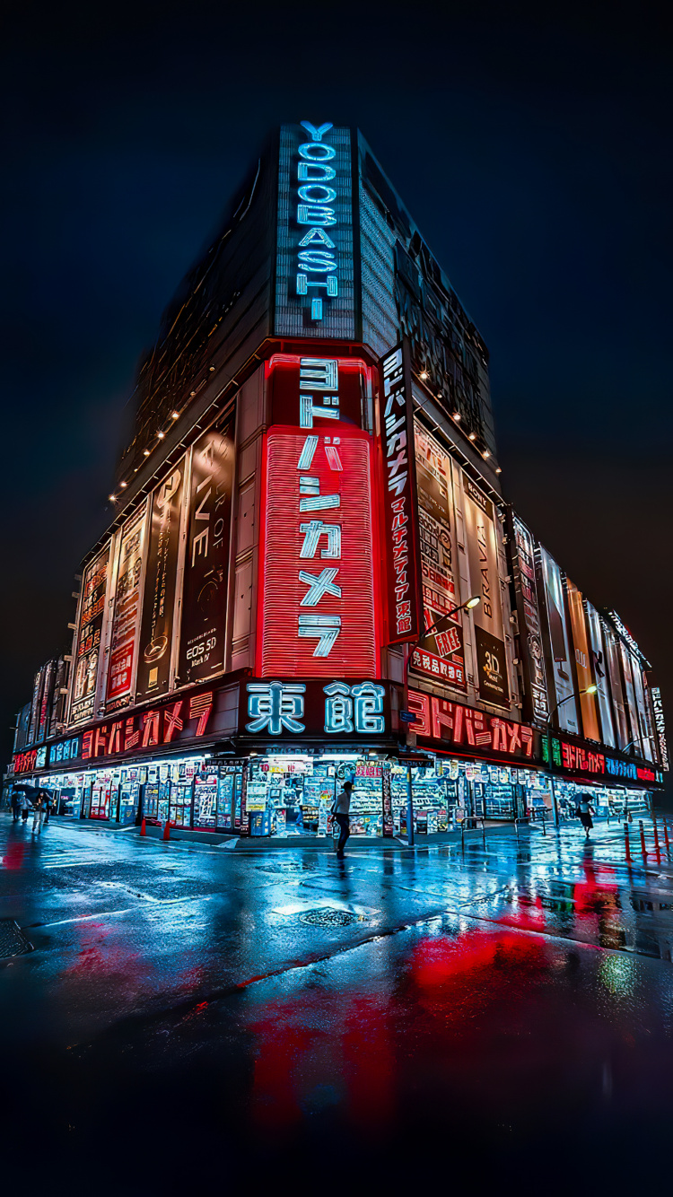 Обои ориентир, небоскреб, здание, фасад, неон в разрешении 750x1334