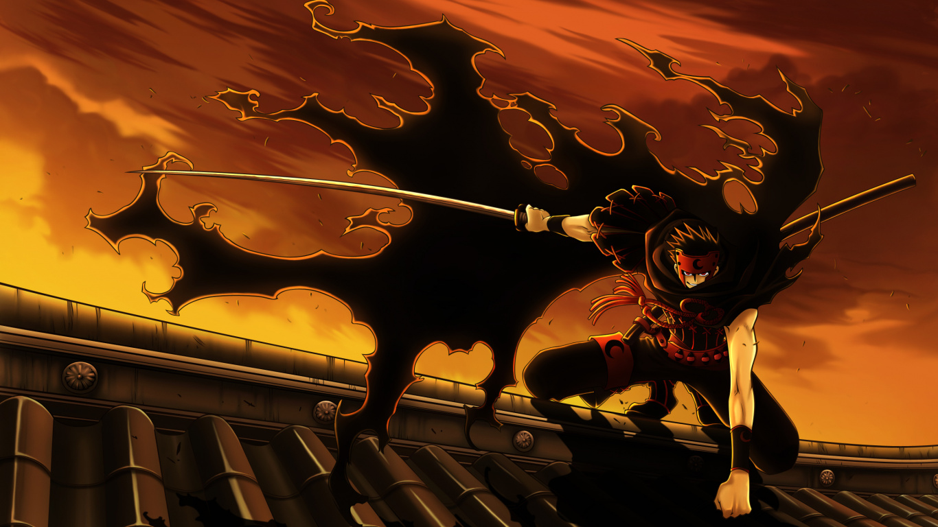 Обои иллюстрация, небо, характер, катану, мифология в разрешении 1366x768