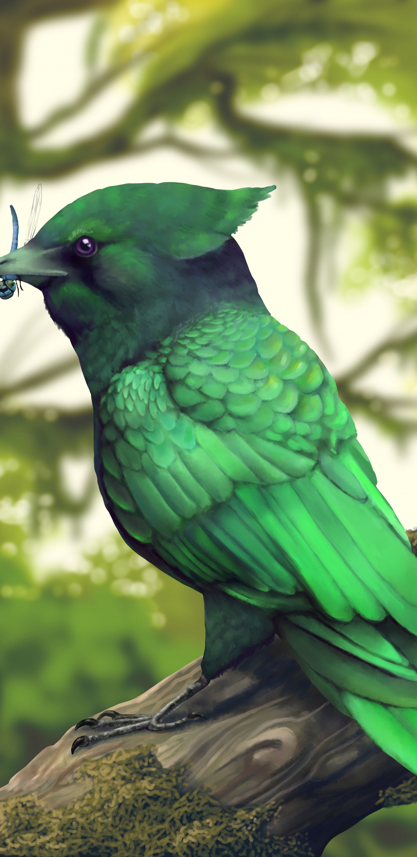 Обои Enantiornithes, динозавр, птица, зеленый, клюв в разрешении 1440x2960