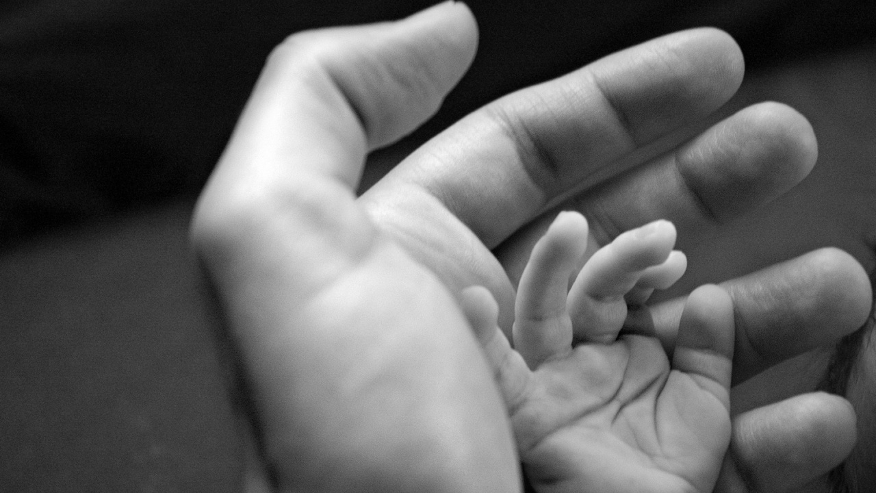 Обои палец, ребенок, рука, сын, черный и белый в разрешении 1280x720