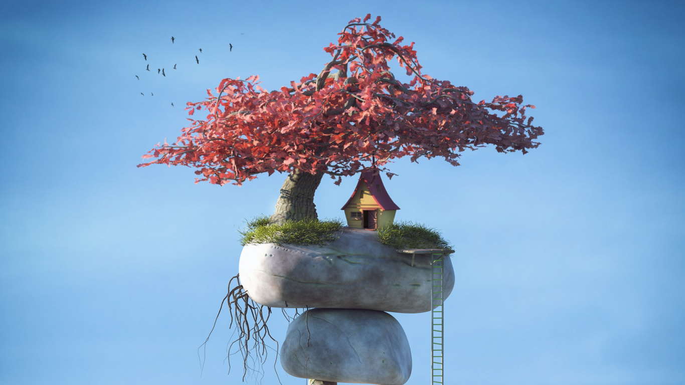 Обои арт, синий, зима, дерево, замораживание в разрешении 1366x768