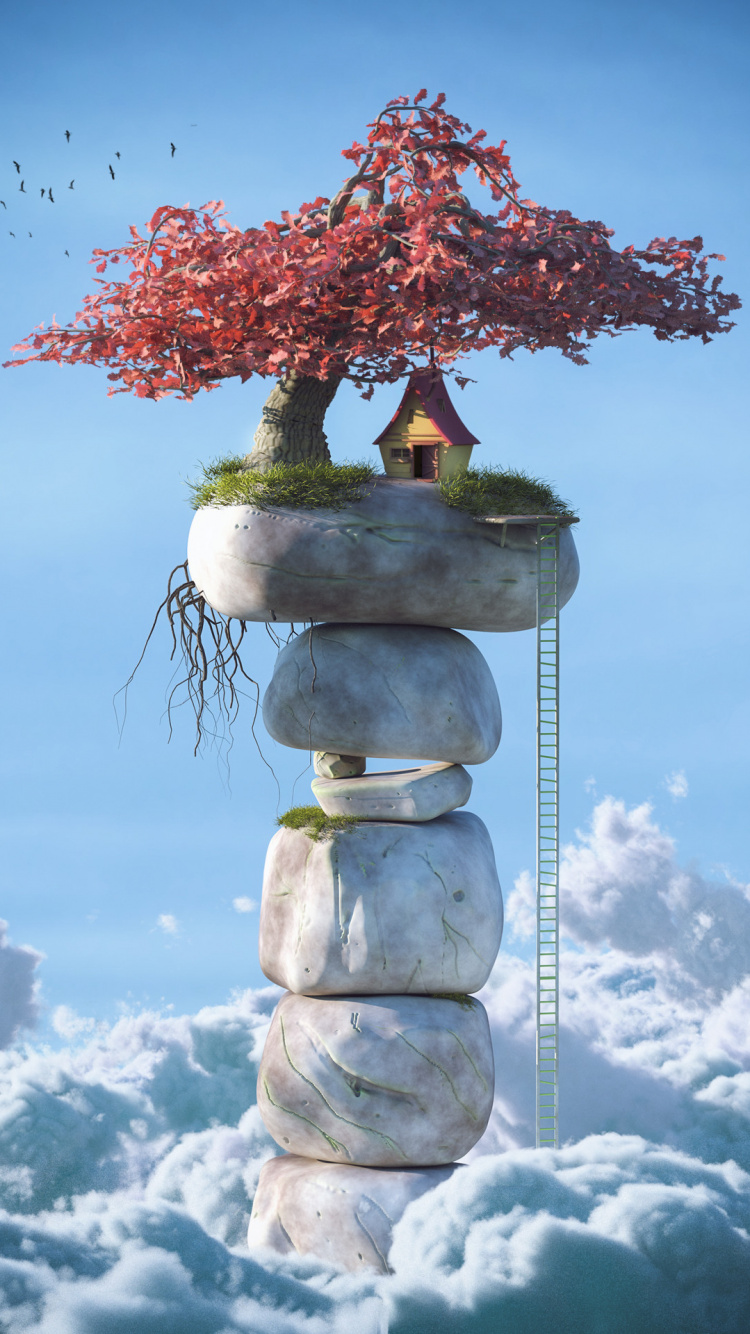 Обои арт, синий, зима, дерево, замораживание в разрешении 750x1334