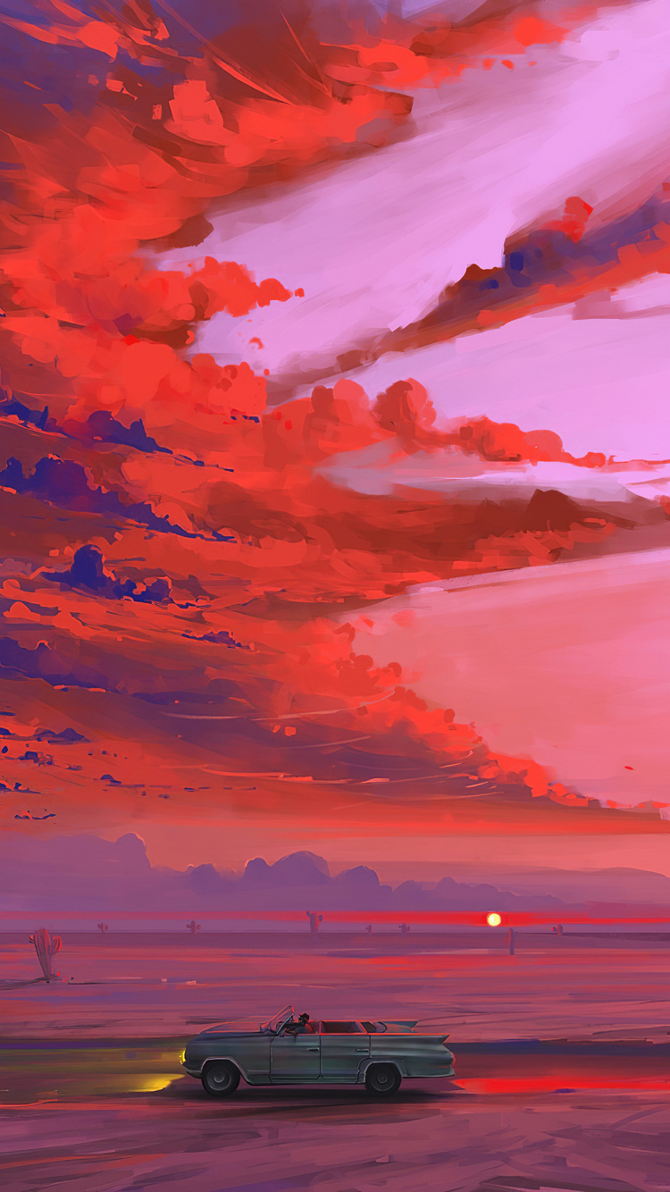 Обои арт, цифровое искусство, послесвечение, горизонт, красный цвет в разрешении 750x1334