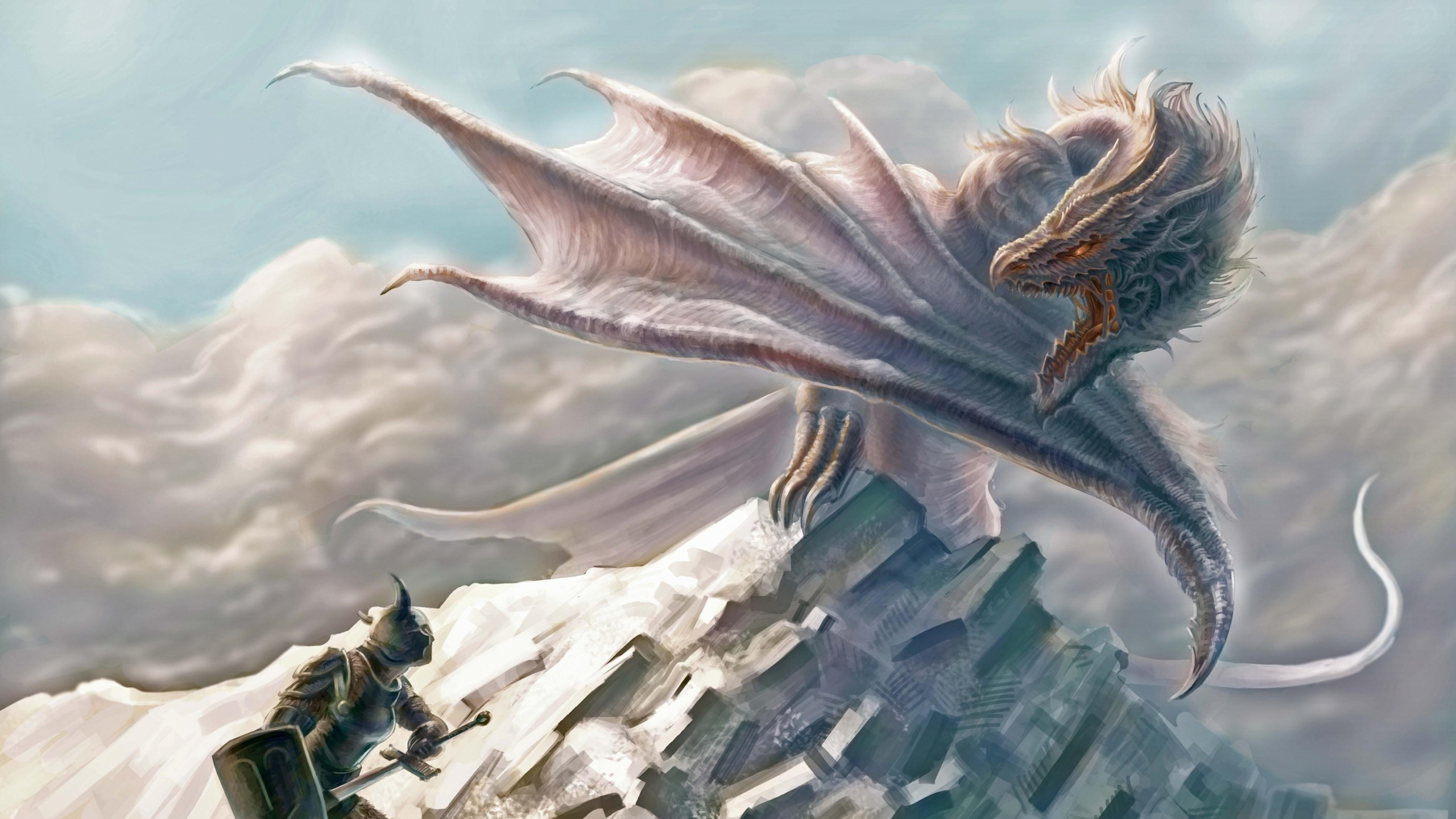 Обои дракон, мифическое существо, небо, рок, акварельные краски в разрешении 2560x1440