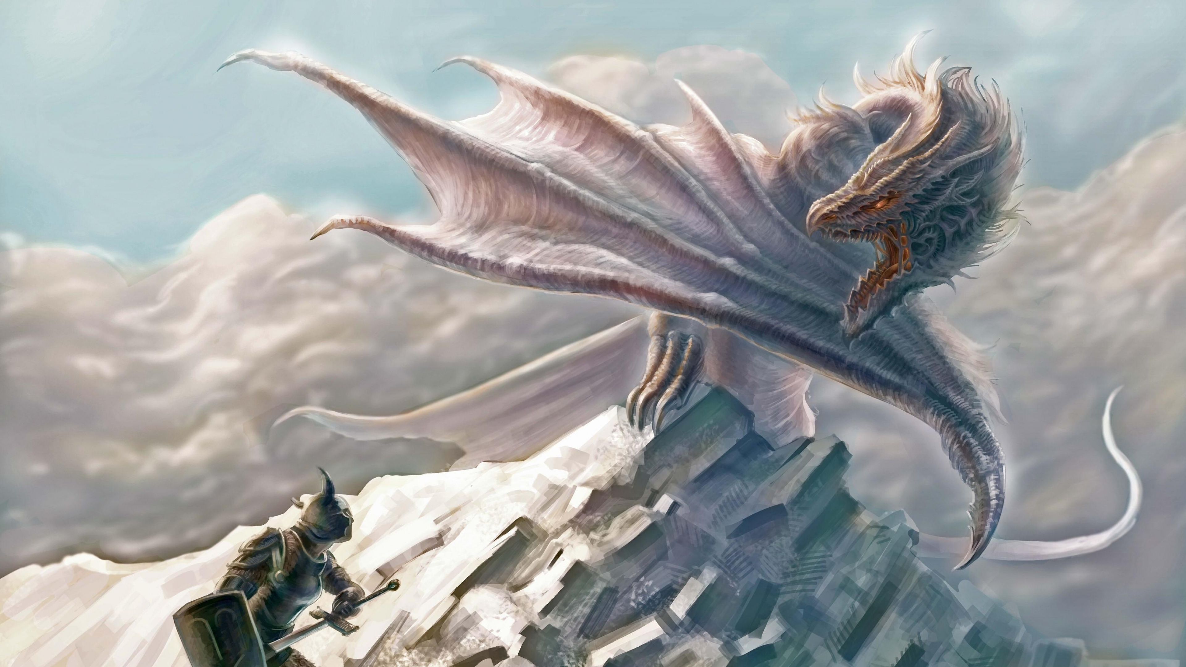 Обои дракон, мифическое существо, небо, рок, акварельные краски в разрешении 3840x2160