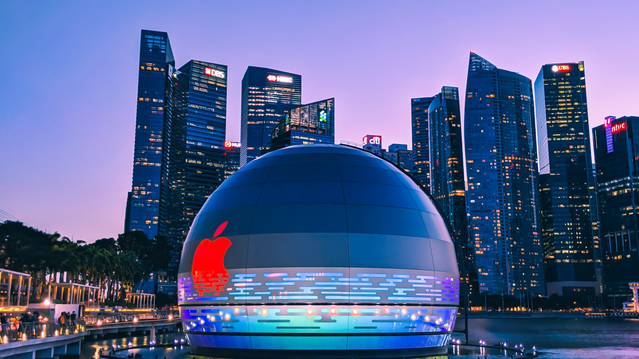 Обои яблоко марина бэй сэндс, Марина Бэй Сэндс Сингапур, яблоко, airpods pro, Марина Бей в разрешении 1280x720