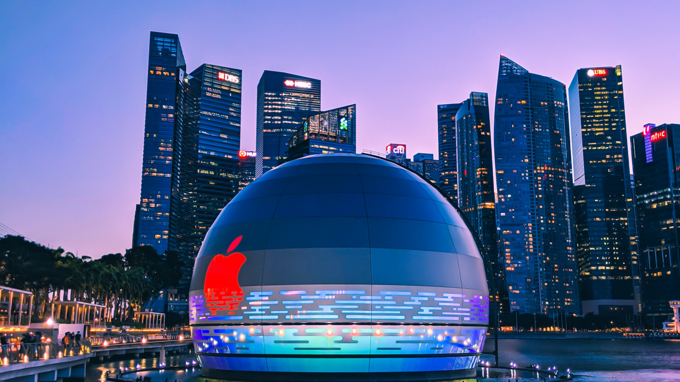 Обои яблоко марина бэй сэндс, Марина Бэй Сэндс Сингапур, яблоко, airpods pro, Марина Бей в разрешении 1366x768