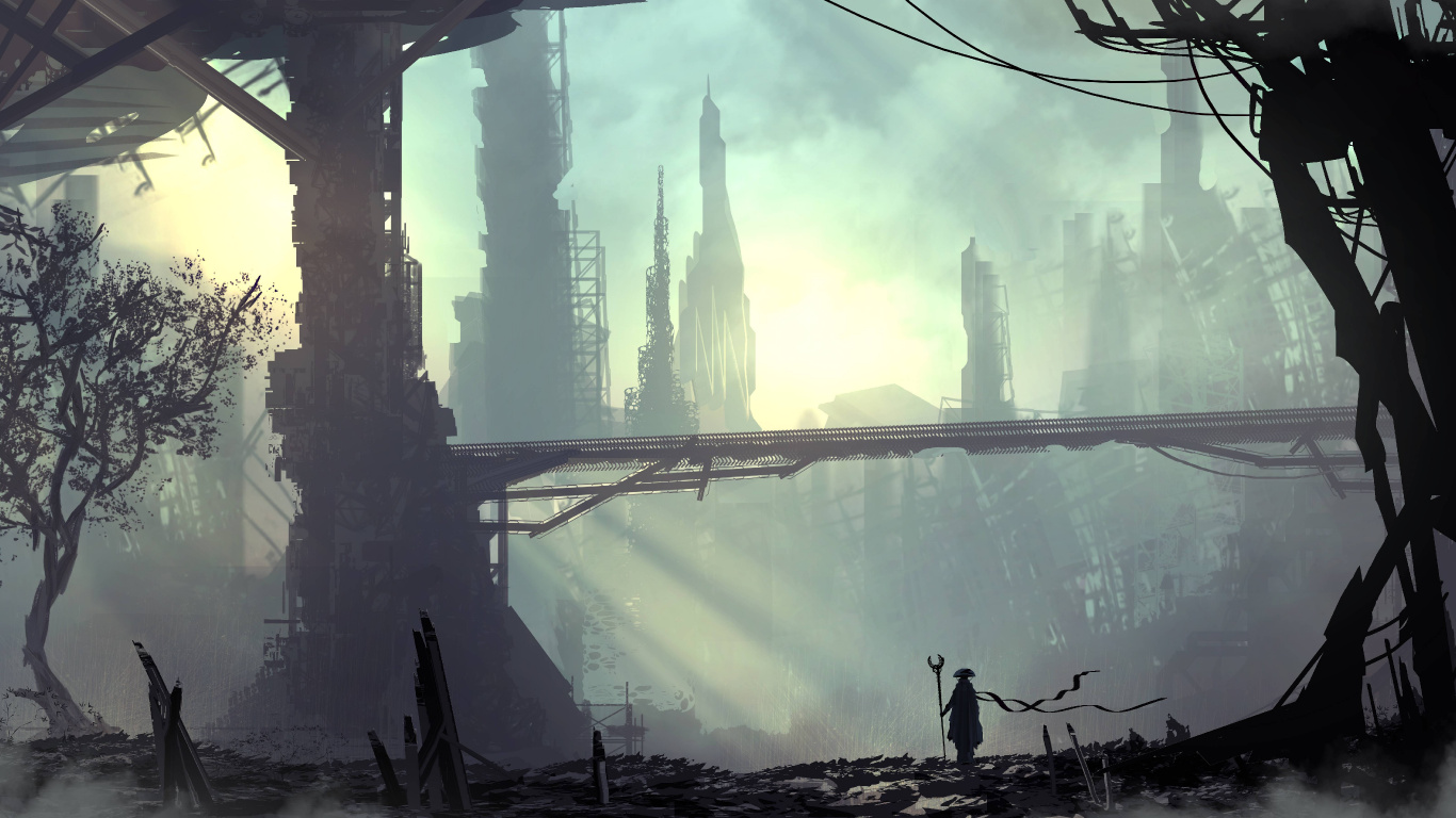 Обои Киберпанк, арт, Научная фантастика, вода, атмосфера в разрешении 1366x768