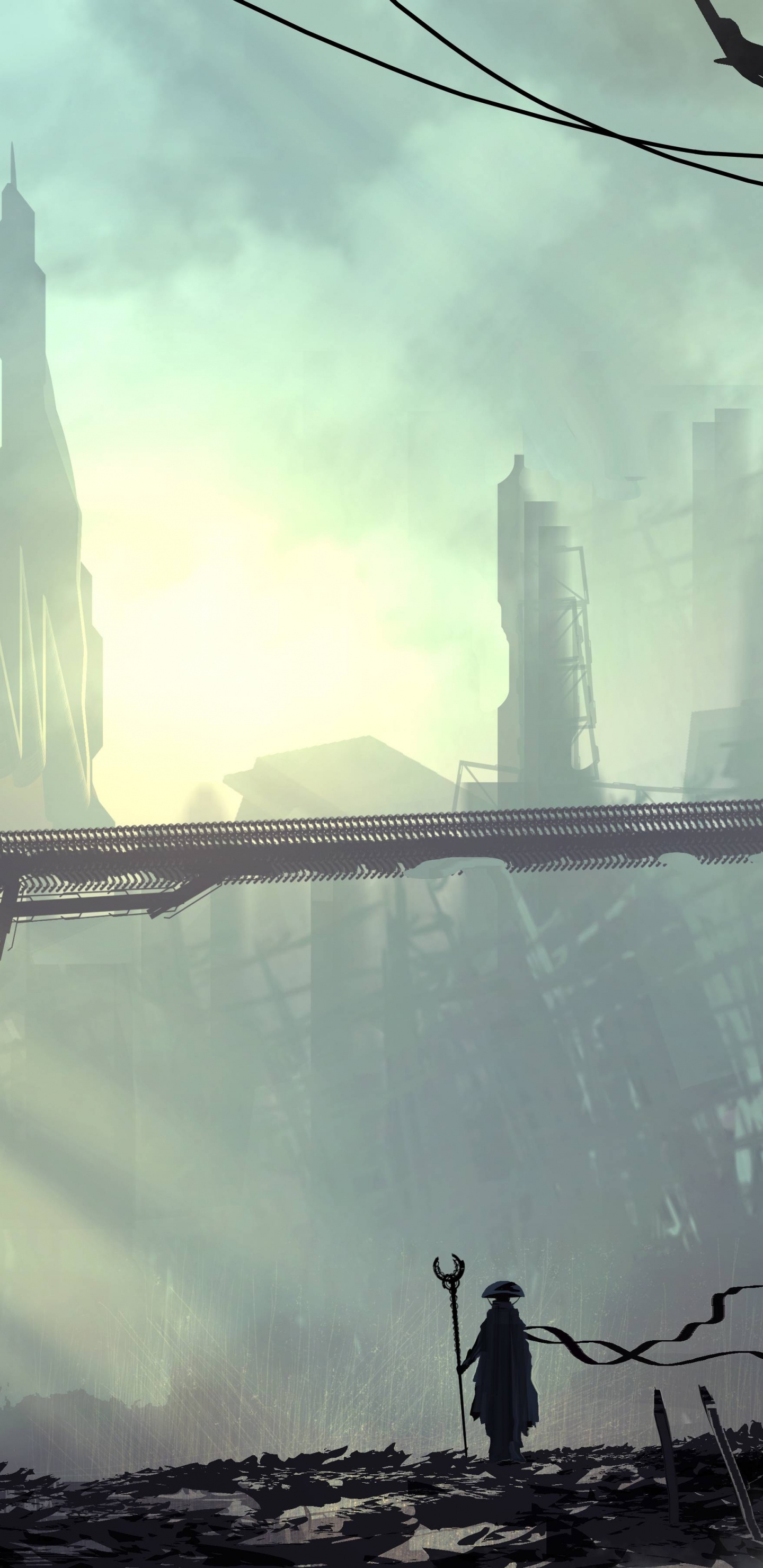 Обои Киберпанк, арт, Научная фантастика, вода, атмосфера в разрешении 1440x2960