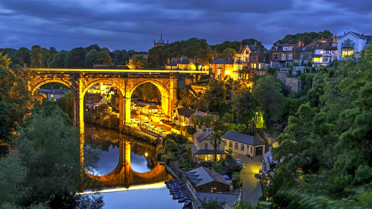 Обои ночь, город, реки, природа, арочный мостик в разрешении 1280x720