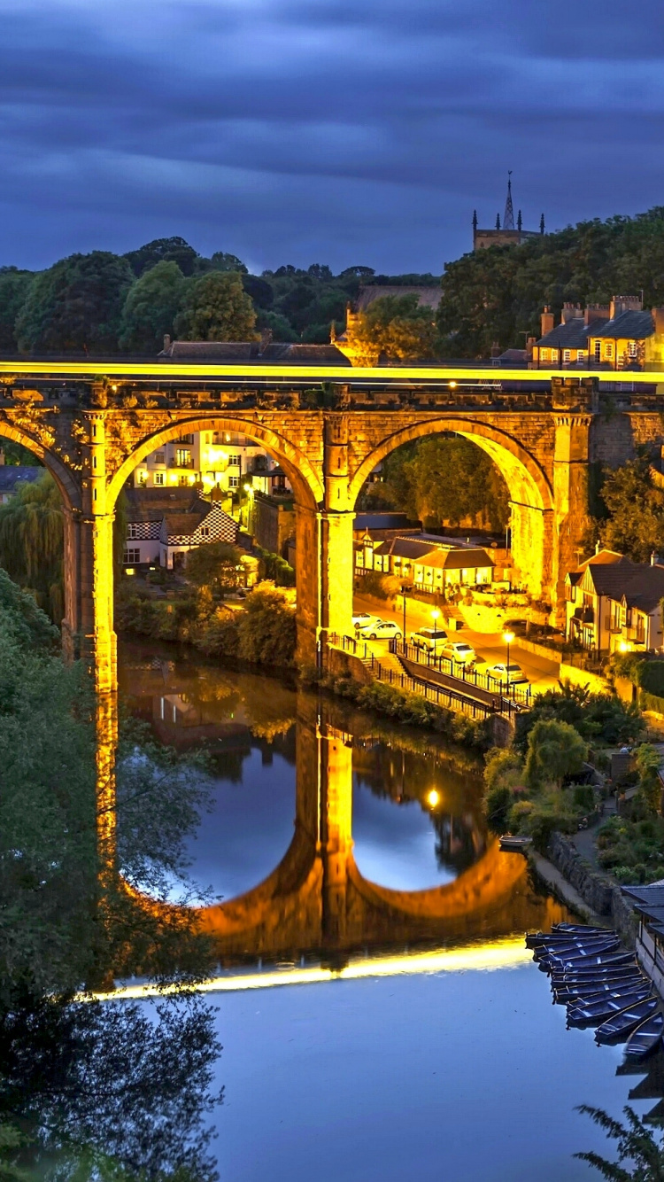 Обои ночь, город, реки, природа, арочный мостик в разрешении 750x1334