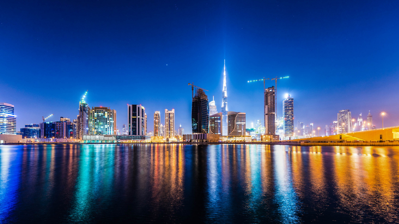 Обои Бурдж Халифа, городской пейзаж, город, линия горизонта, метрополия в разрешении 1366x768